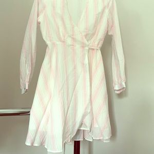 White pink and blue stripped wrap dress